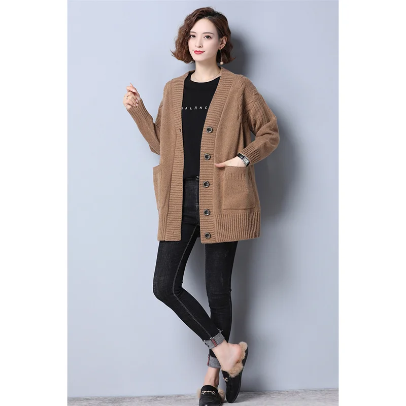 Женский свободный кардиган повседневный длинный вязаный свитер серого бежевого