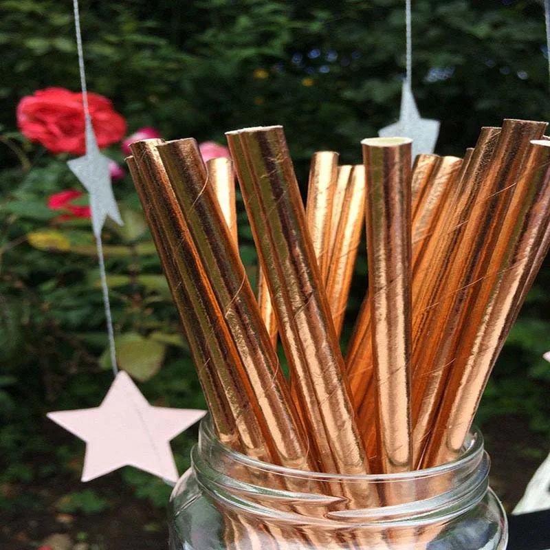 Rose Gold 25 шт., одноразовые бумажные соломинки, креативные соломинки для питья, украшения для вечеринки в честь Дня Рождения, для детей, для вечеринки в честь свадьбы - Цвет: Rose Gold
