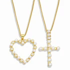 Ожерелье FLOLA с большим жемчугом в форме сердца для женщин, ожерелье с подвеской-крестом из золотистого вермила, кулон с цирконием и кристаллами, оптовая продажа, ювелирные изделия, подарки nket36
