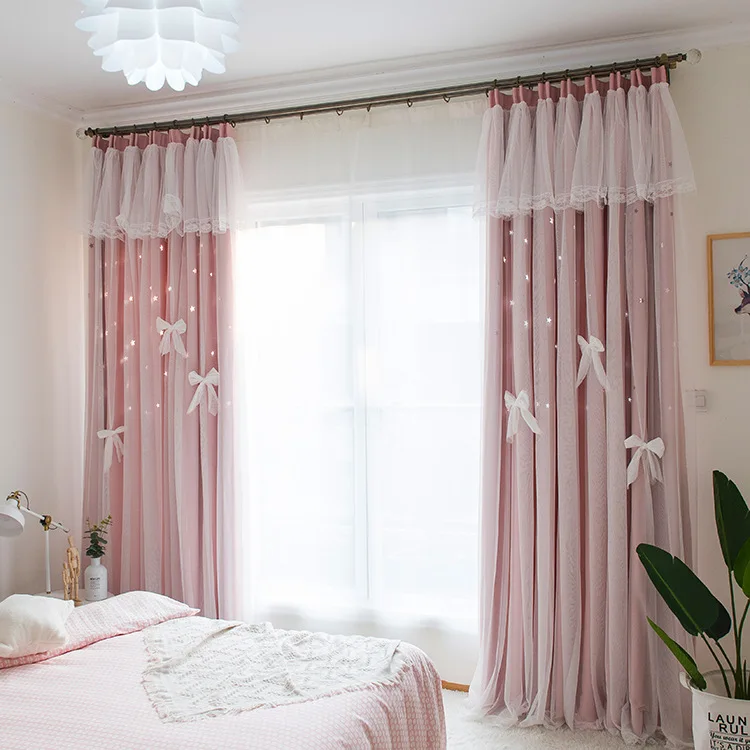 

Double Shade Stars Living Room Korean Style Curtains Bedroom Windows Pink Lace Curtains