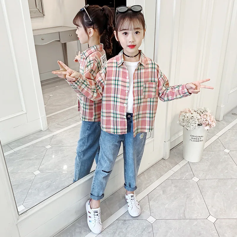 

Girls Plaid Shirt Lapel Tops 2021 Spring New Children's Long Sleeve Shirts