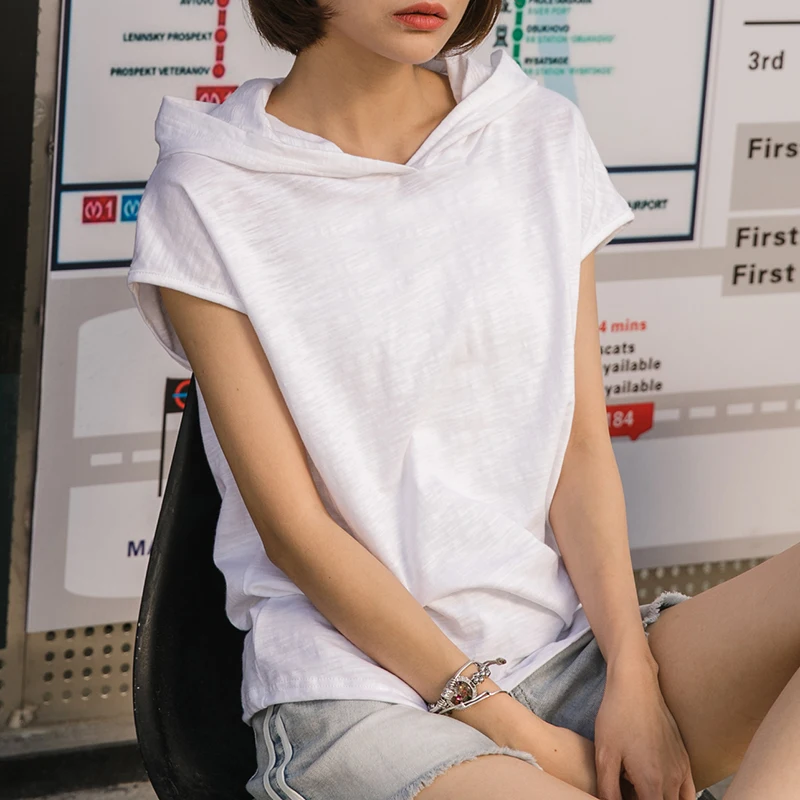 100% хлопок женские футболки с капюшоном коротким рукавом Свободные офисные