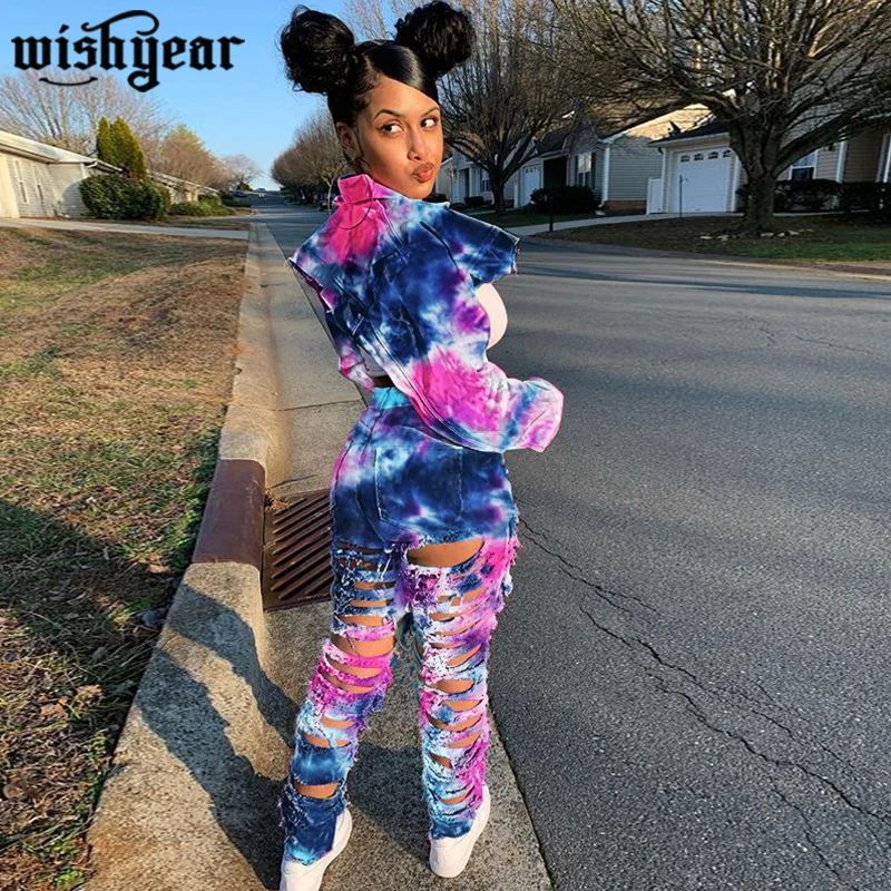 

Tie Dye Print Jeans Two Piece Set 2020 New Women Turn Down Collar Short Jacket Coat + Distressed Ripped Denim Pants Casual Suits