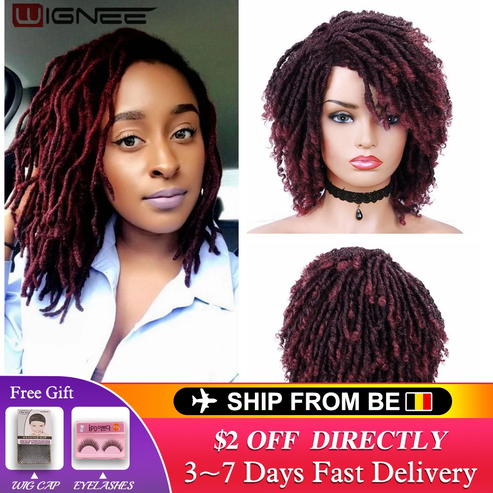 Wignee Short Burgundy Synthetic Wigs For Black Women Faux locs Afro African Hairstyle Braided Wigs Crochet Twist Fiber Hair Wigs