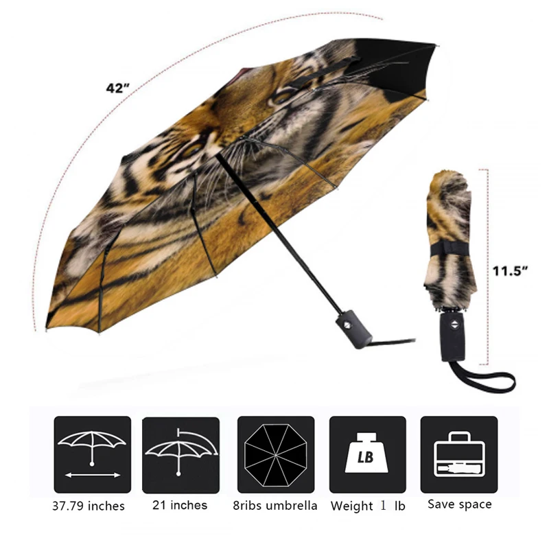 Автоматический складной зонтик с принтом тигра от солнца для девушек Зонтик