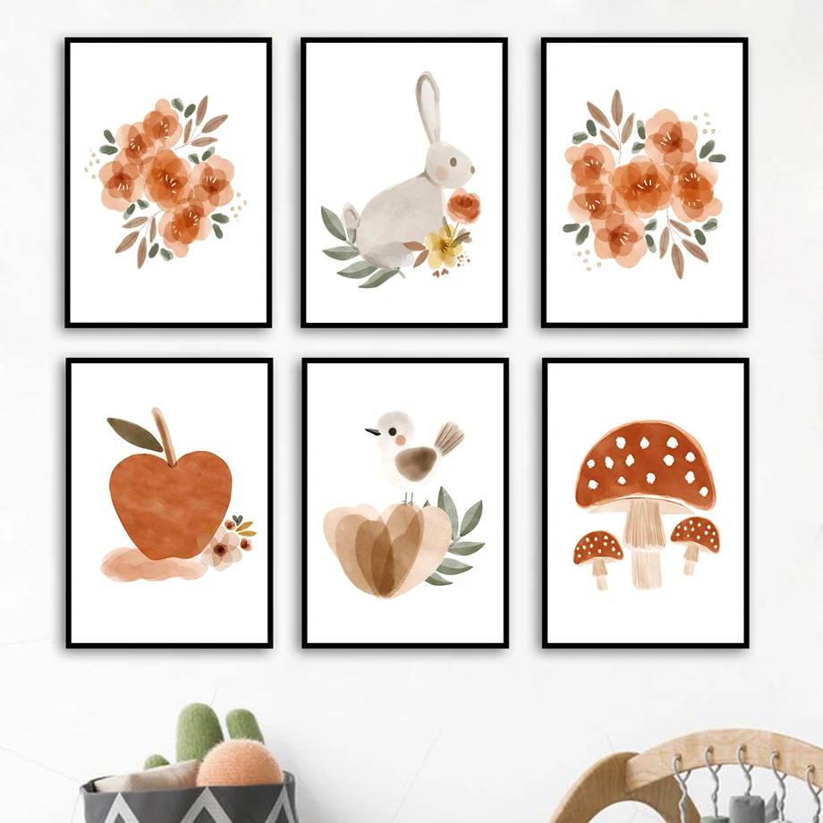 

Watercolor Flower Rabbit Bird Apple Mushroom Nursery Wall Art Print Canvas Painting Nordic Poster Decor Pictures Baby Kids Room