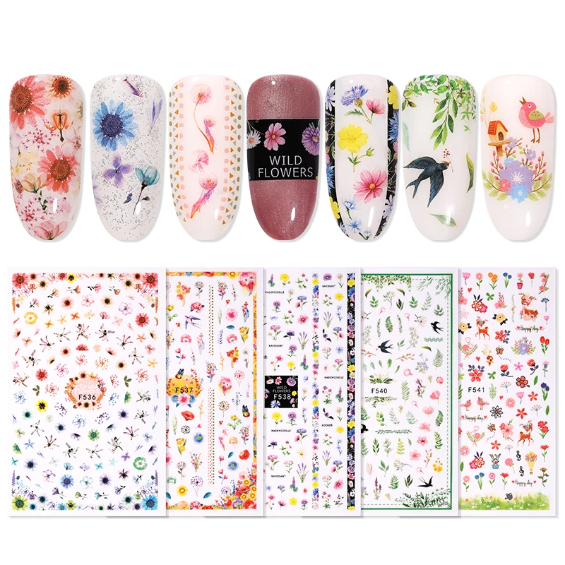 Цветочные листья красочные 3D наклейки для ногтей Весенняя идея дизайна