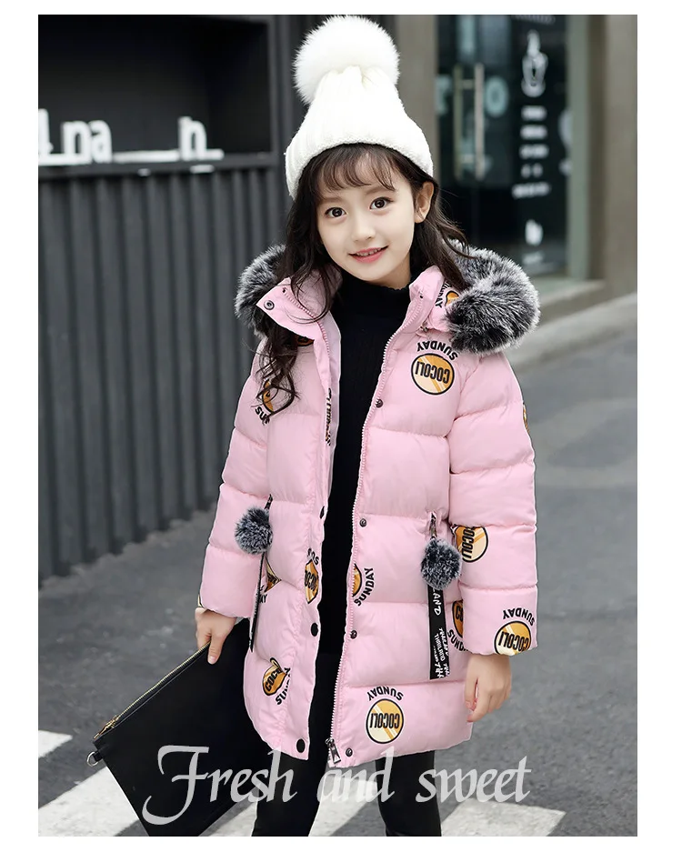 Baby winter new girl down jacket children letter printing thick warm cotton coat girl baby big fur collarcotton hoodedlong coat