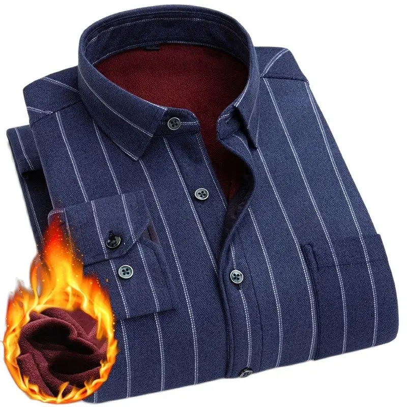 

Мужская теплая рубашка с длинным рукавом, теплая зимняя рубашка в полоску с бархатной подкладкой, повседневная Толстая рубашка с защитой от морщин, 2019