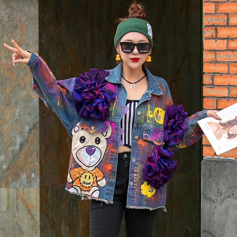 

European station design sense heavy industry sequined personality denim jacket female loose trendy brand top autumn