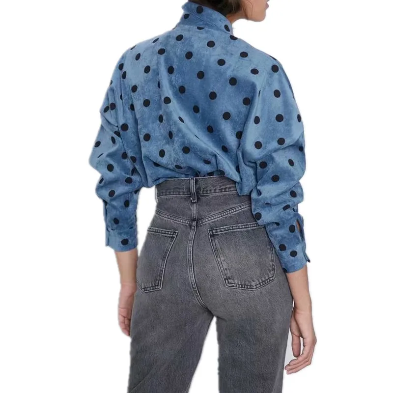 Женская Вельветовая блузка в горошек с длинным рукавом и отложным воротником