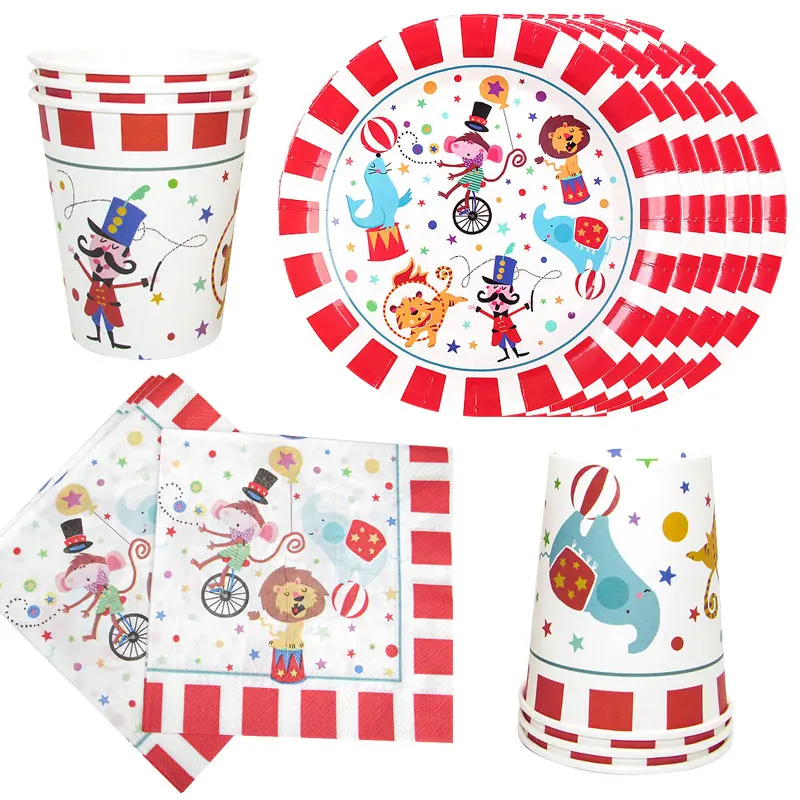 44Pcs/set Circus Party Decorations Acrobatic Animal Paper Disposable Tableware Set Kids Birthday Party Supplies for 12 person