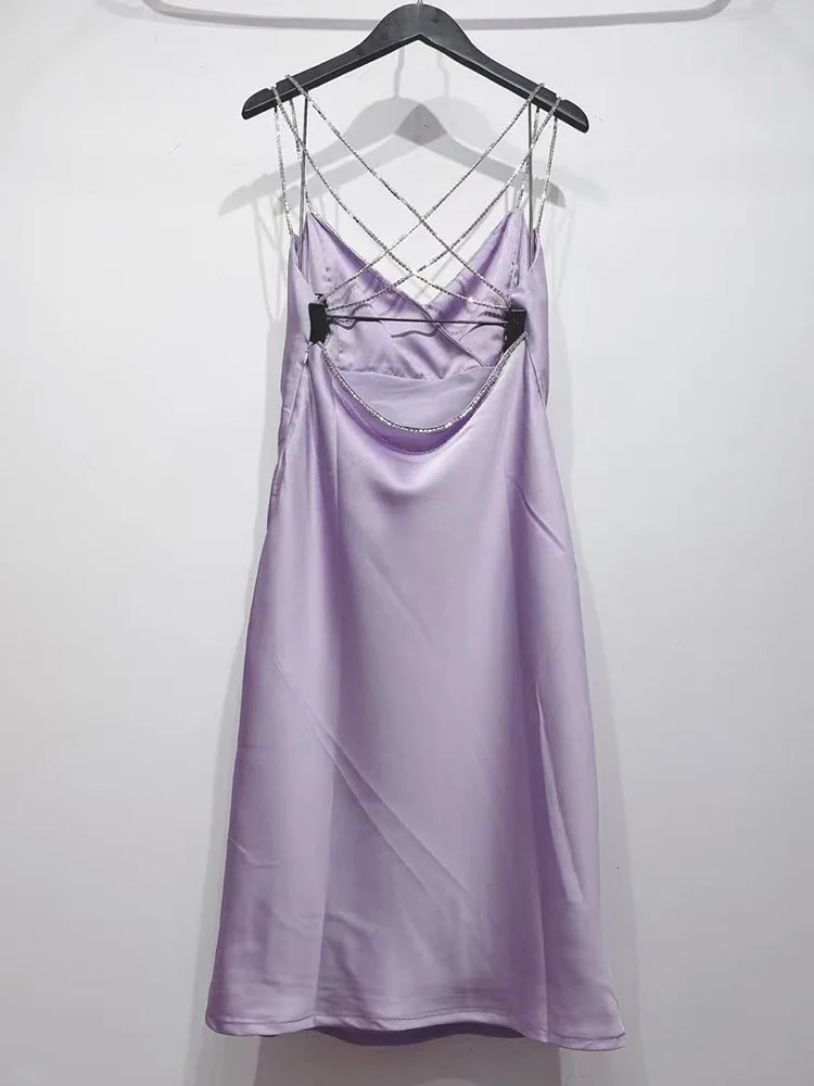 

Solid color sexy Leaky shoulder Leaky back Diamond-studded sling Satin Tight-fitting hip tube top Dress Ladies summer new