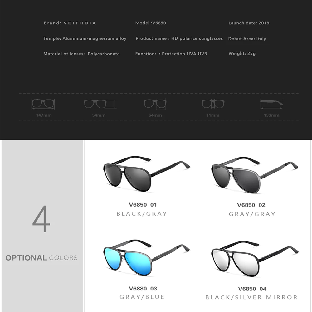 Мужские солнцезащитные очки VEITHDIA из алюминиево магниевого сплава с