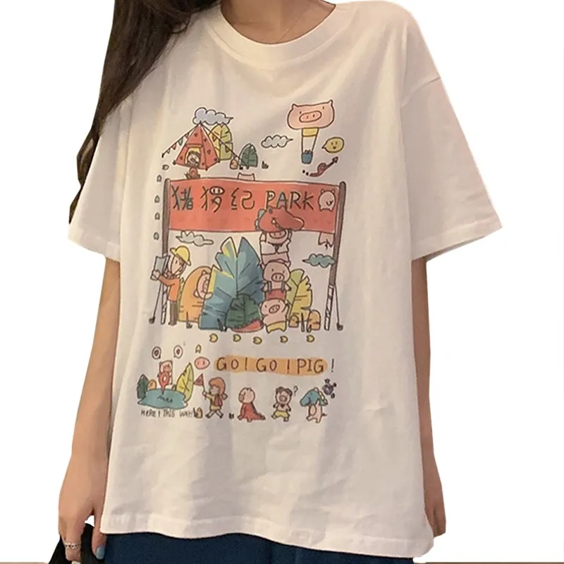 

ZuoLunOuBa Casual New Summer Women T Shirt Print Manga Harajuku Cute Pig Family Amusement Park Tees Loose White Tops Female 2021