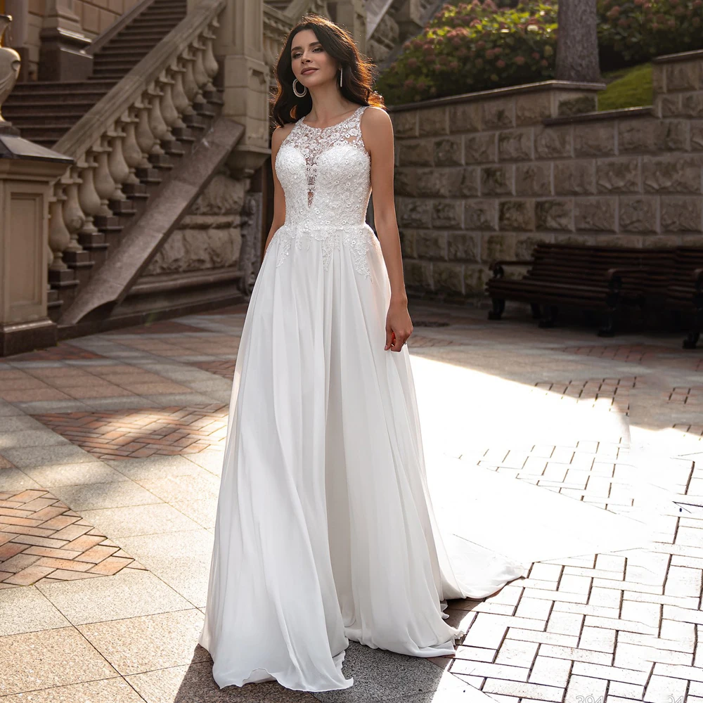 

Sexy Sequin Lace Wedding Dress Cheap Custom O Neck Sleeveless Applique A Line Chiffon Beach Bridal Gowns Sweep Train