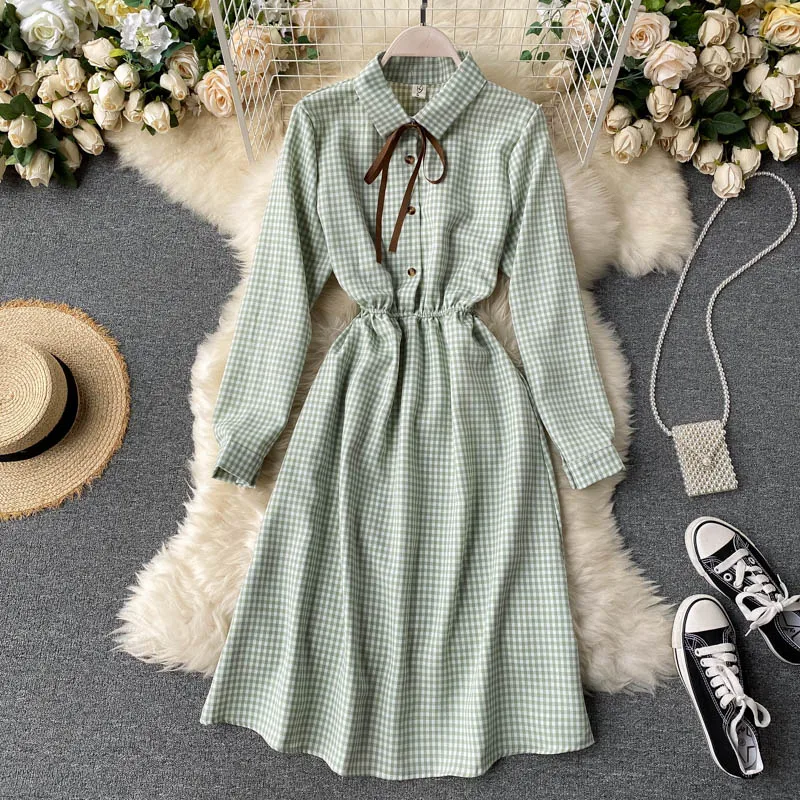 

Женское платье-рубашка средней длины, элегантное клетчатое платье в корейском ретро-стиле с длинным рукавом, осень 2021