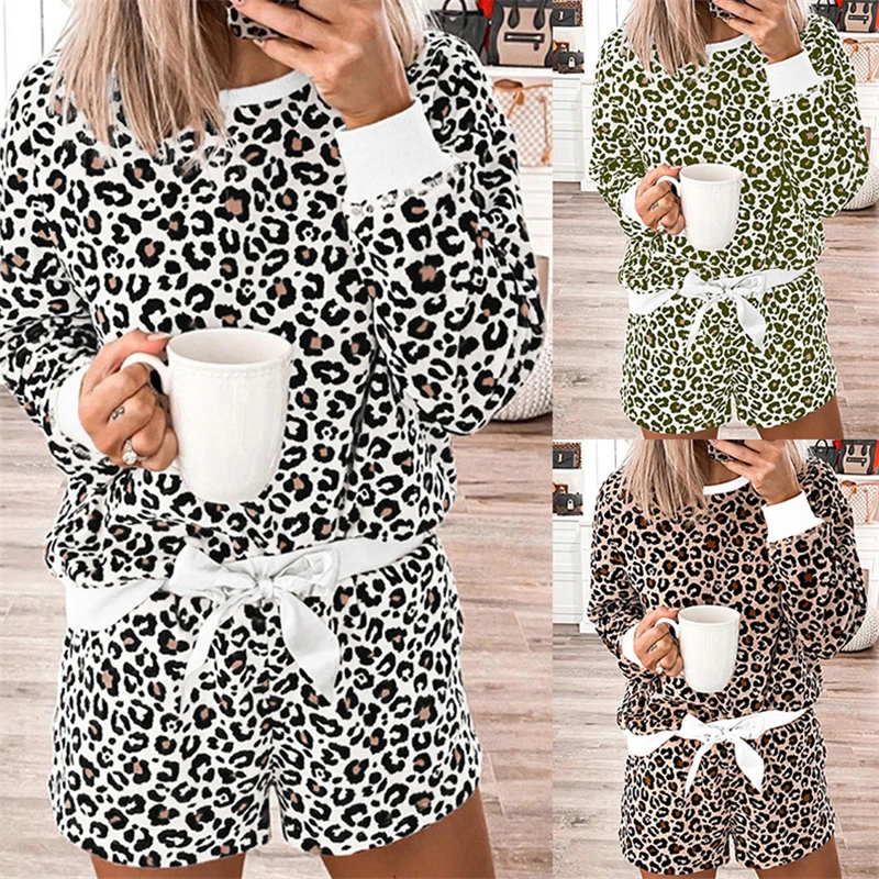 

2 Piece Set Women Leopard Print Tracksuit Spring Summer Clothing Sets Sweatshirt Top and Shorts Pajamas Suits Female Lounge Wear