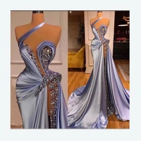 ladies long satin formal evening party dresses sexy high slit mermaid prom gowns for women luxury beaded sweep train female robe