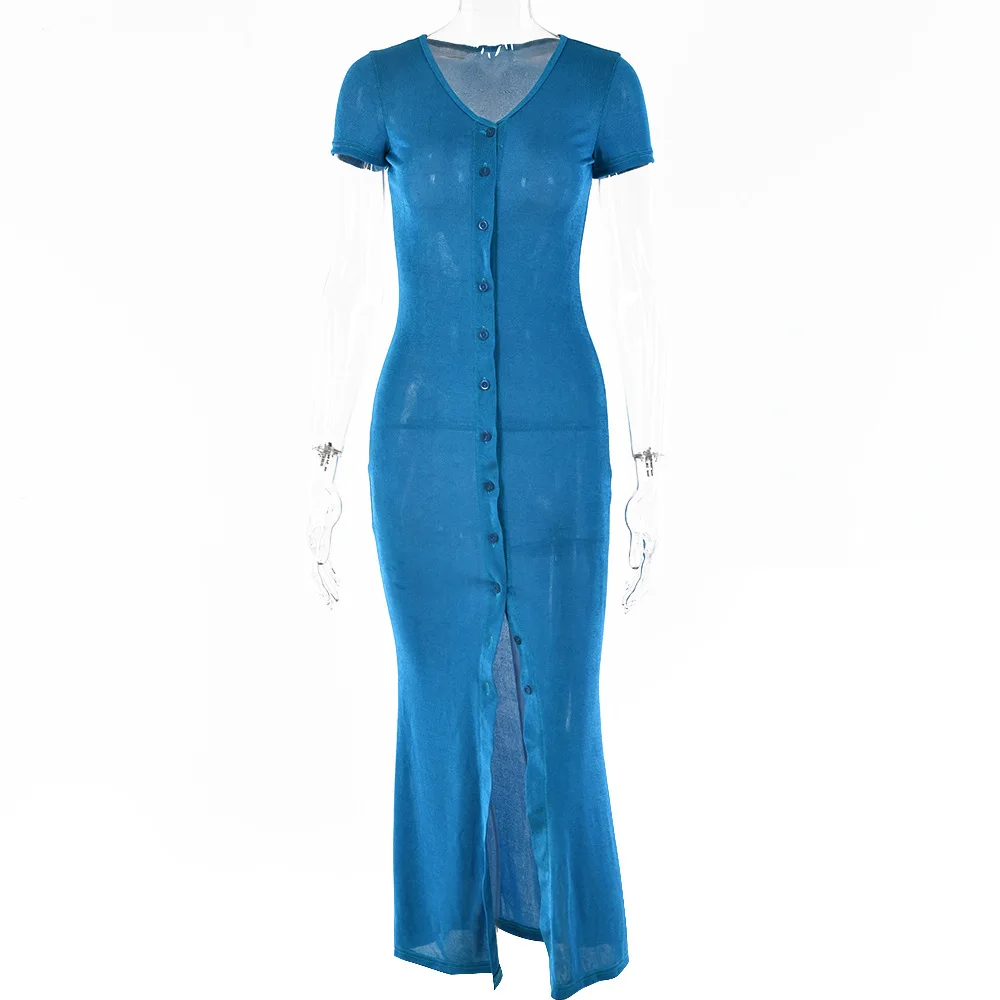 

Women's Fashion Sexy 2021 New Nightclub Women's Short-sleeved Ladies Evening Dress Long V-neck Solid Color Cardigan Dress