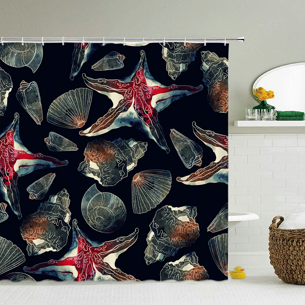 

Водонепроницаемая шторка для ванной, занавеска для душа с морскими звездами, морскими черепашками, 12 крючков
