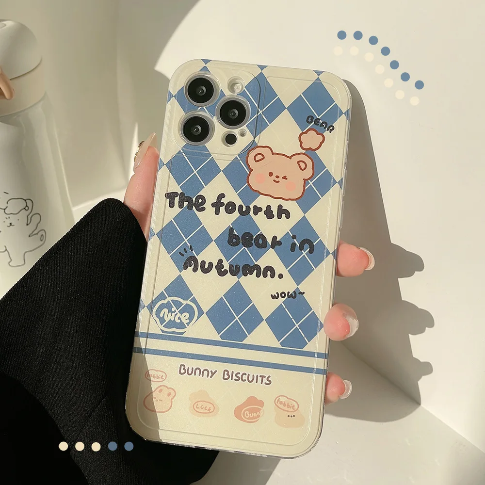 

Retro chocolate Plaid bear Shockproof Phone Case For iPhone 13 12 11 Pro Xs Max X Xr 7 8 Plus Lens Protection Case Cute Cover