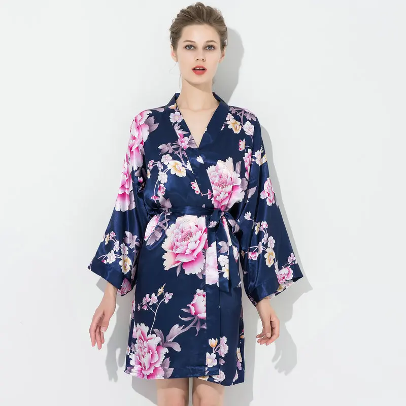 Navy Blue Zaxachilable халат халаты с цветочным принтом атласный шелк невесты халат атласный женские халаты Пижама банный халат длинный - Цвет: Navy Blue