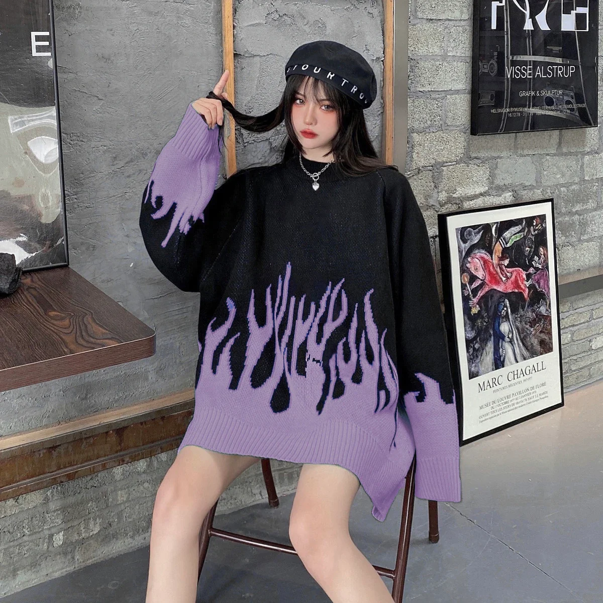 

2021 hip-hop style new sweater female flame jacquard women's sweater traf couple pullover knit top loose men's sweater