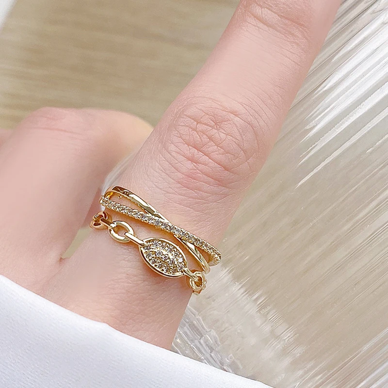 

Luxury Advanced 14k Real Gold Designed Ellipses and Waves Rings for Women Adjustable Open Design Inlay High Quality AAA Zirconia