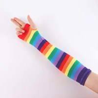 soft elastic elbow length fingerless gloves arm sleeve warmer rainbow colored striped knitted sunscreen halloween costume finger