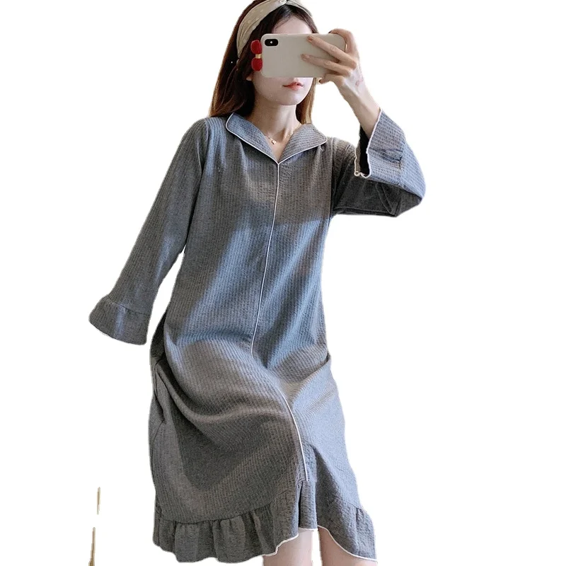 2021 Long Sleeve Nightdress Women's Spring Autumn Thin Casual Loose Long Skirt Solid Color Nightgown Dress Female Sleepwear