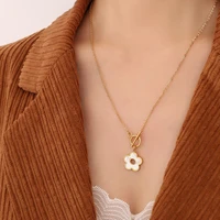 yaonuan natural white sea shell elegant flower pendant gold plated titanium steel necklace for women toggle clasps jewelry daily
