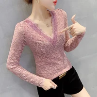 5746 pink black khaki lace t shirt with sequins sexy tops female v neck long sleeve tee shirt korean style streetwear tee