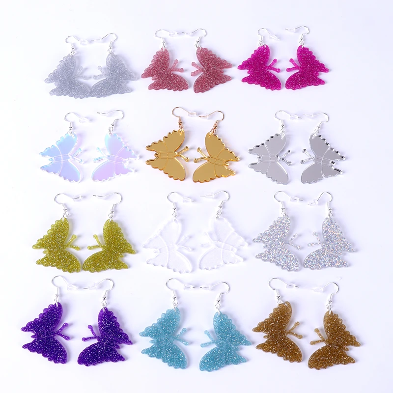 

2021 Красочные Висячие серьги бабочки для женщин 12 цветов блестящие зеркальные Акриловые Модные ювелирные изделия Модные аксессуары