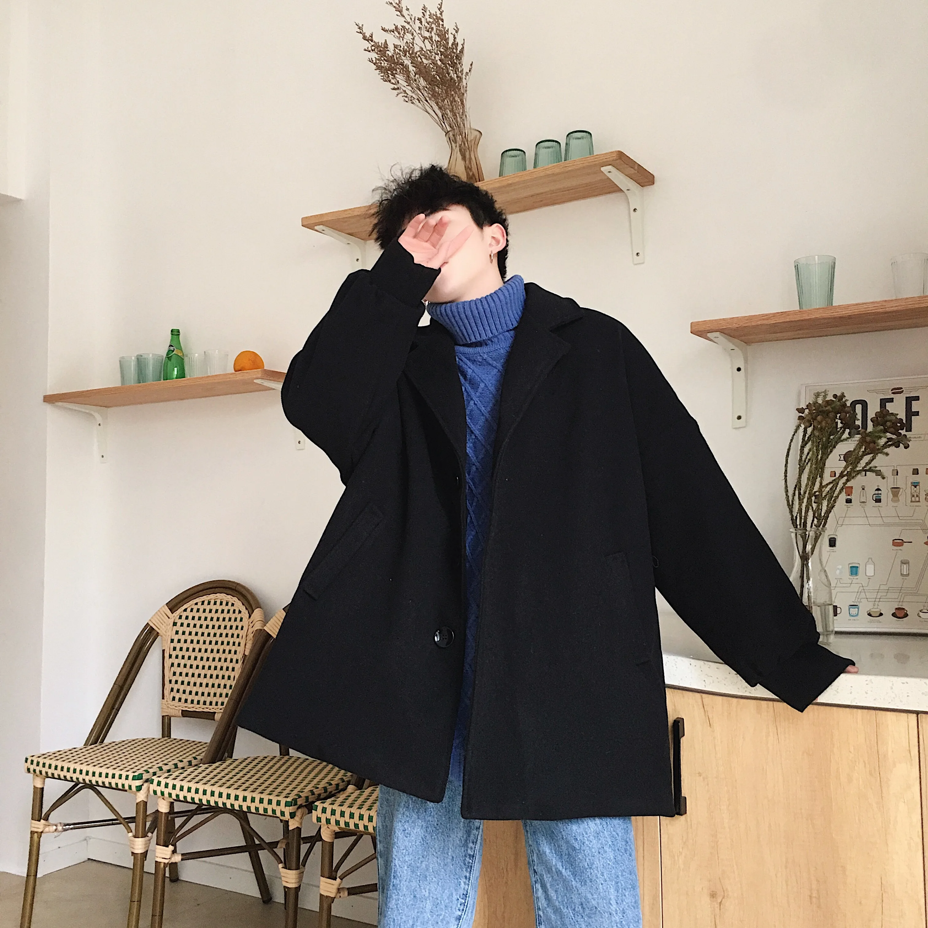 black Зимнее Короткое шерстяное пальто, Мужская модная однотонная повседневная шерстяная куртка, мужское свободное шерстяное пальто в британском стиле, Мужское пальто, M-2XL - Цвет: black