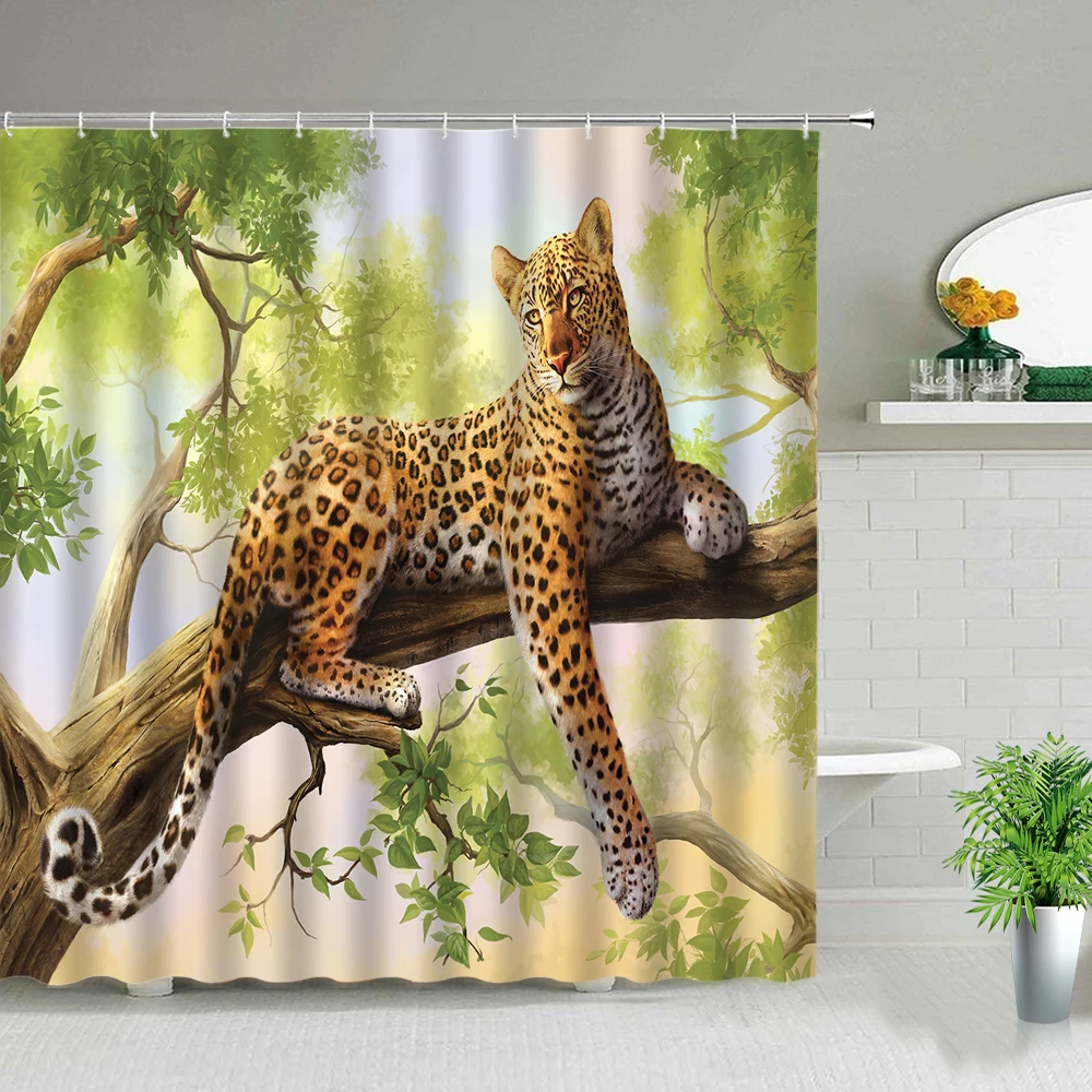 

Africa Animal Leopard Shower Curtains Lion Giraffe Tiger Wolf Bathroom Decor Bathtub Hanging Curtain Waterproof Fabric With Hook
