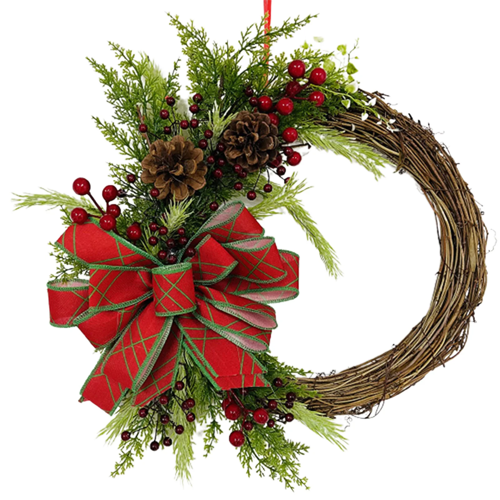 

Christmas Berry Wreath Front Door Hanger Xmas Rattan Decor with Simulation Berry Pinecone & Snowy Leaves for Home Party LBS