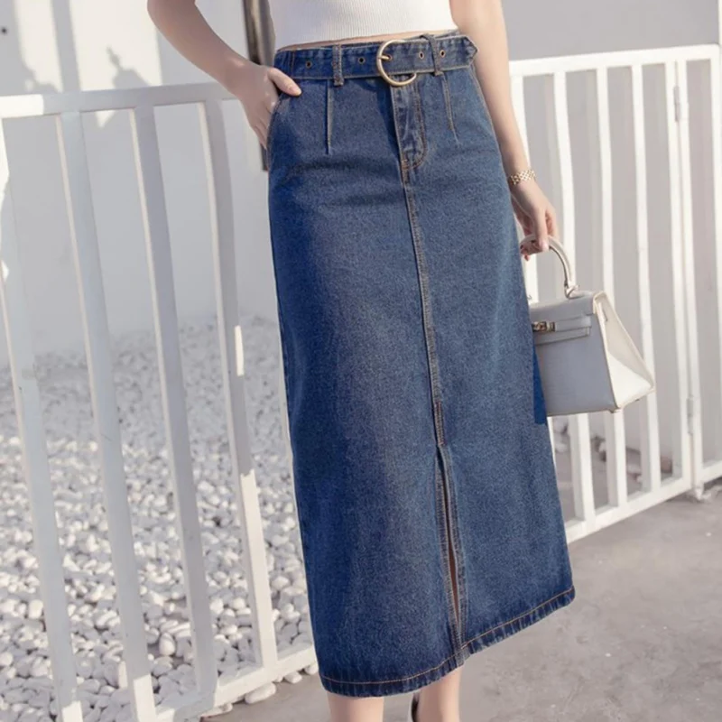 

Hot Denim Skirt Vintage Casual Long High Mid-waist split denim skirt, tighten the waist, resist the ball, contact Jeans Faldas