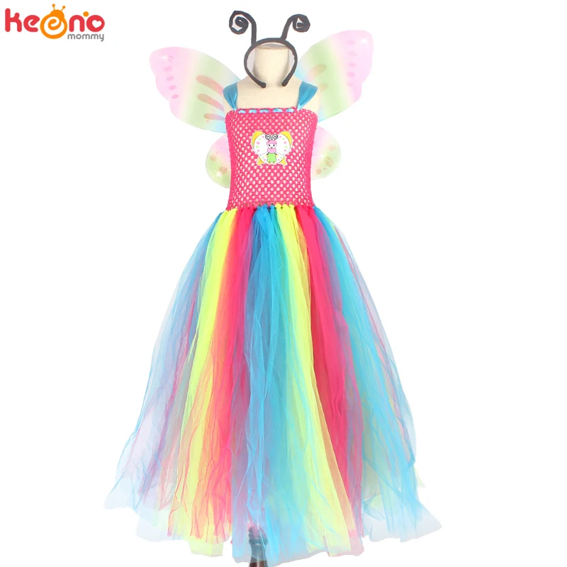 Платье-пачка с радужными бабочками для девочек крыльями и повязкой на голову
