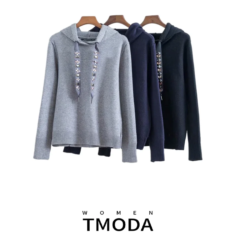 TMODA High Quality 2021 Women Hooded Long Sleeve Beading knitted Pullovers Casual Sweat Femme Tops | Женская одежда