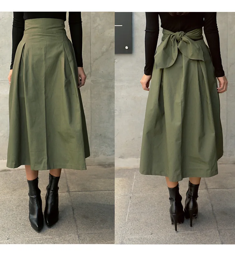 

shintimes Skirts Womens Korean Fashion Solid Color Big Swing Ladies Skirt Long Skirt 2020 Autumn Wild High Waist Bow Slim Skirts