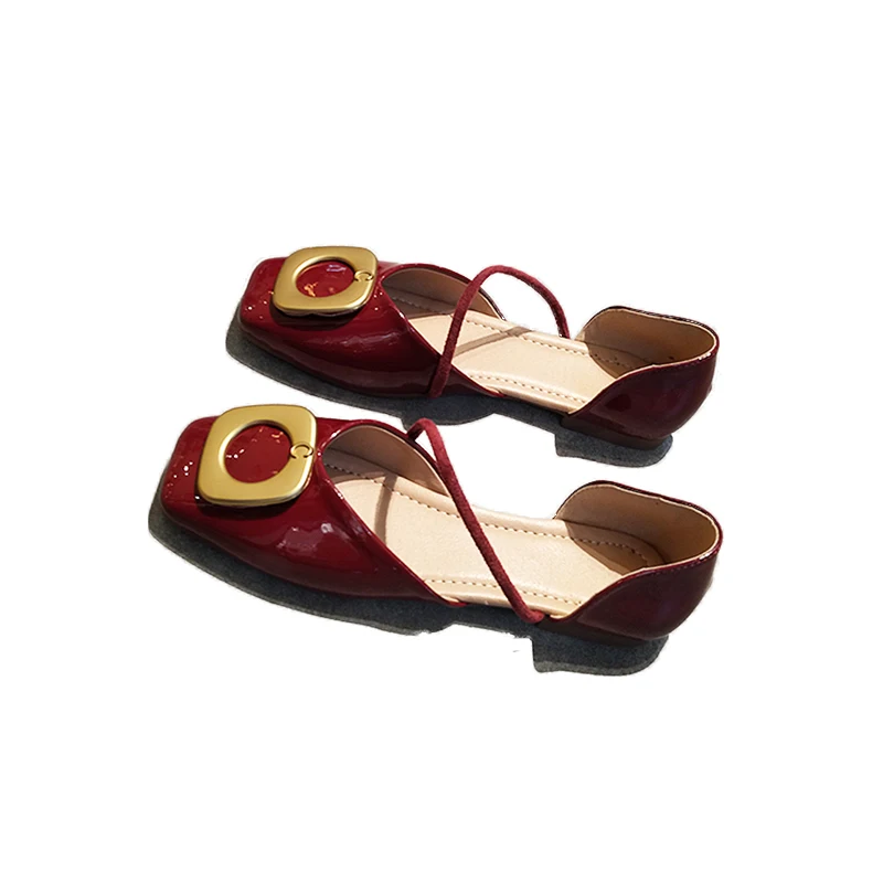 

Spring and Summer Flat Square Toe Hollow Single Shoes Women Shallow Mouth Square Buckle Soft Sole Shoes Comfortable Sandals