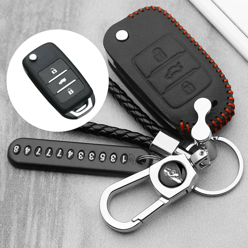 

Car Key Case Real Leather Flip Remote Fob Shell Cover Keychain Keys Bag for Changan CS75 EADO CS35 RAETON CS15 V3 V5 V7