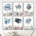 Акварельные животные художественный плакат Подводные Животные Холст Картина без рамки для детской комнаты декор мультяшная Медуза