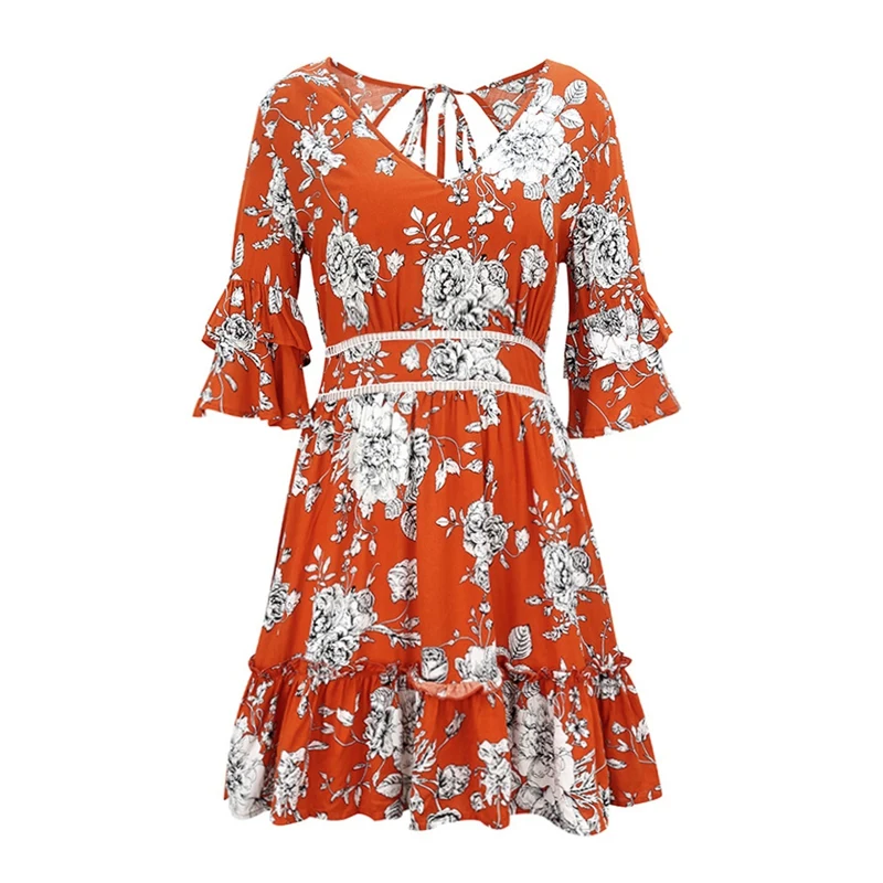 

Sexy Backless Lace Floral Mini Dress Retro Dress Beach Casual Evening Dress Female