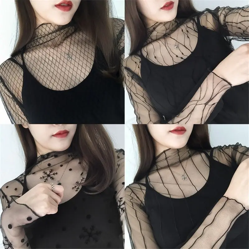 

Mesh Women T-shirt Sexy Lace Tops Long Sleeves Black Transparent Hollow Lace With Fishnet High Neck Gauze Bottoming Shirt