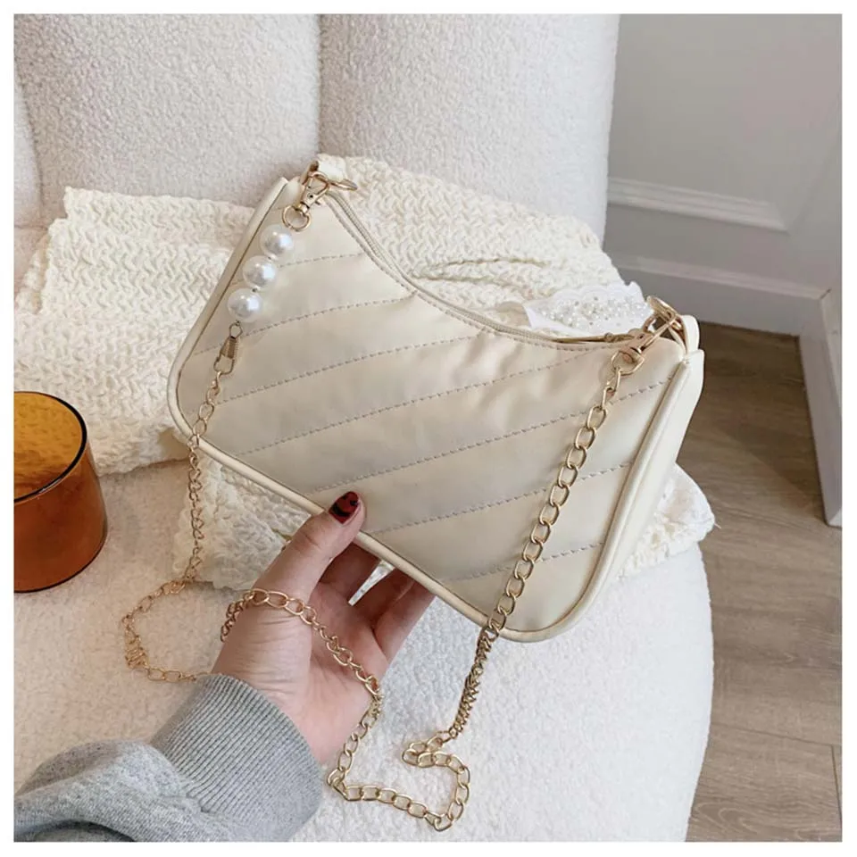 

Chain Design Zipper Shoulder Bages Quilted Handbags For Women Solid Color Baguette Bags Beading Decoration Casual Designer