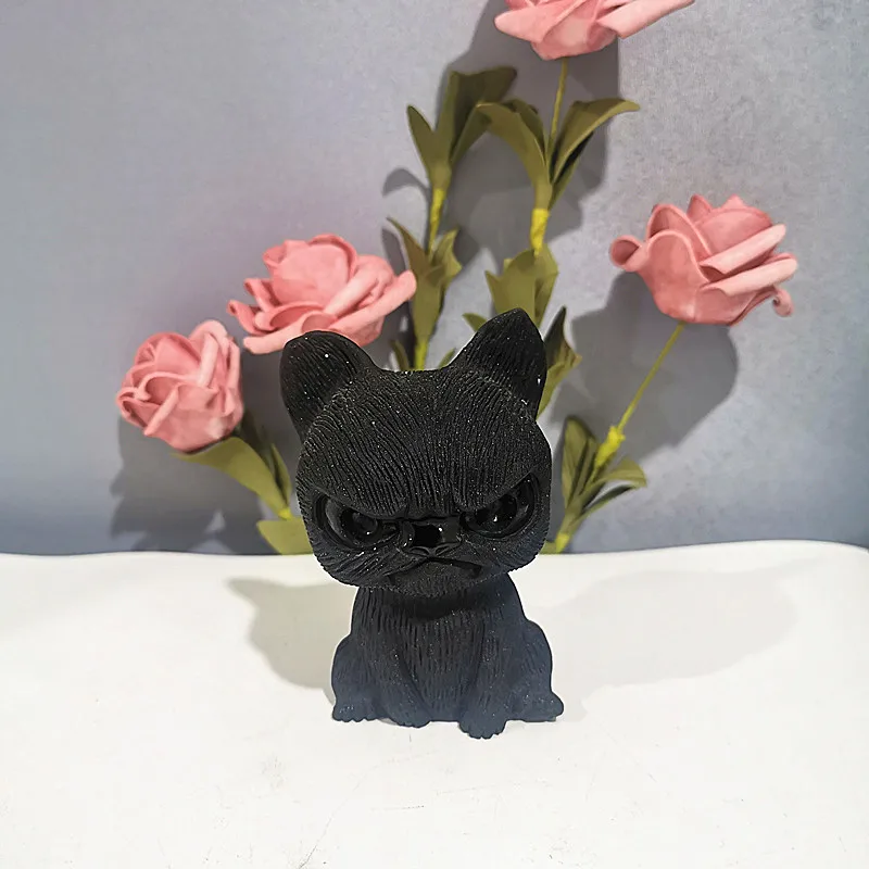 Высококачественная натуральная фигурка Angry dog ремесло резной черный обсидиан