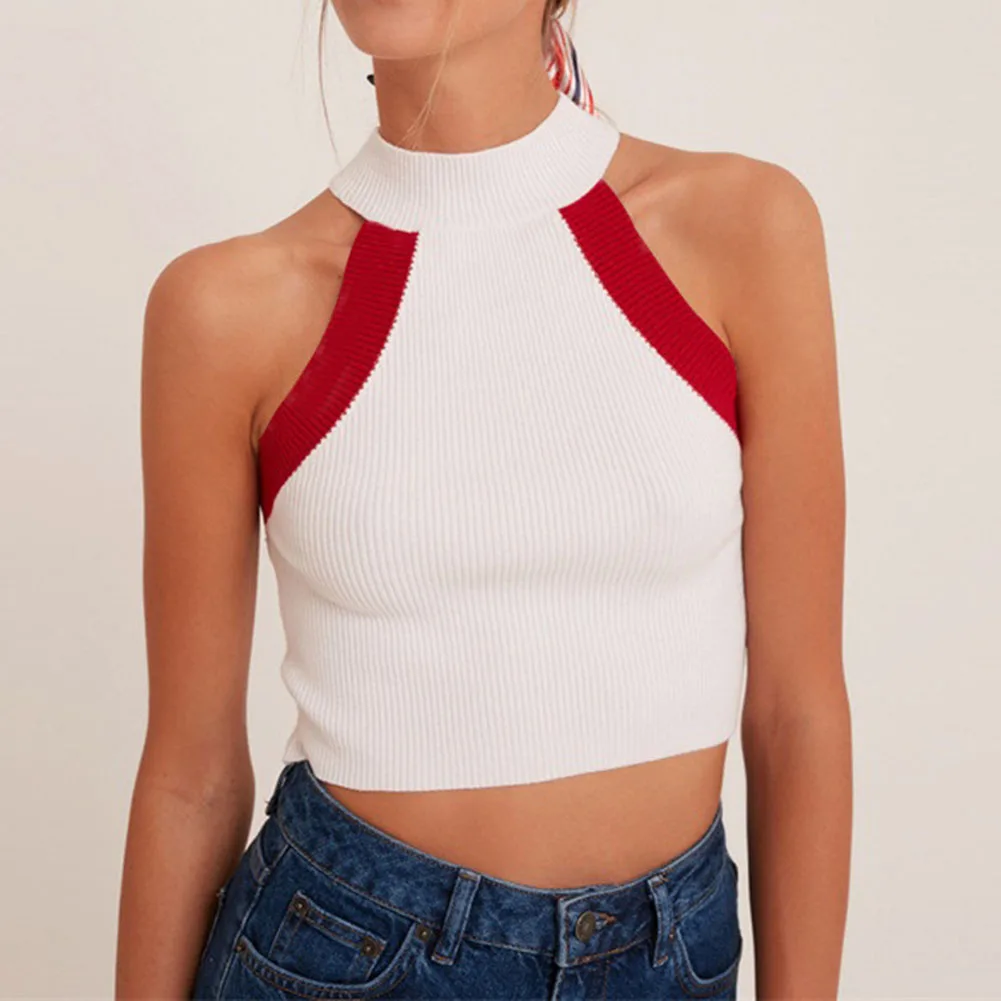 

Пикантные женские туфли с круглым носком с открытыми плечами лоскутное трикотажные укороченные топы без рукавов для девочек топ на бретеля...