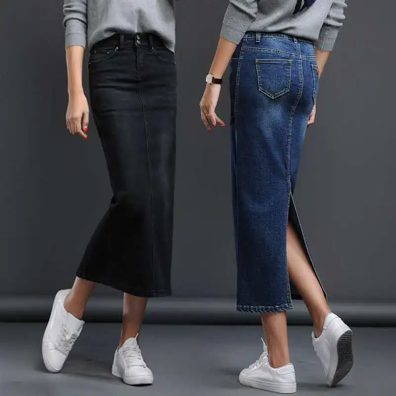 Классическая джинсовая юбка для женщин 2021, длинная джинсовая юбка с завышенной талией, стрейчевая черная, синяя юбка, Длинная женская юбка